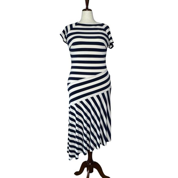 Lauren by Ralph Lauren Dresses & Skirts - Ralph Lauren Navy White Striped Midi Dress Asymmetrical Hem Stretch Size 10